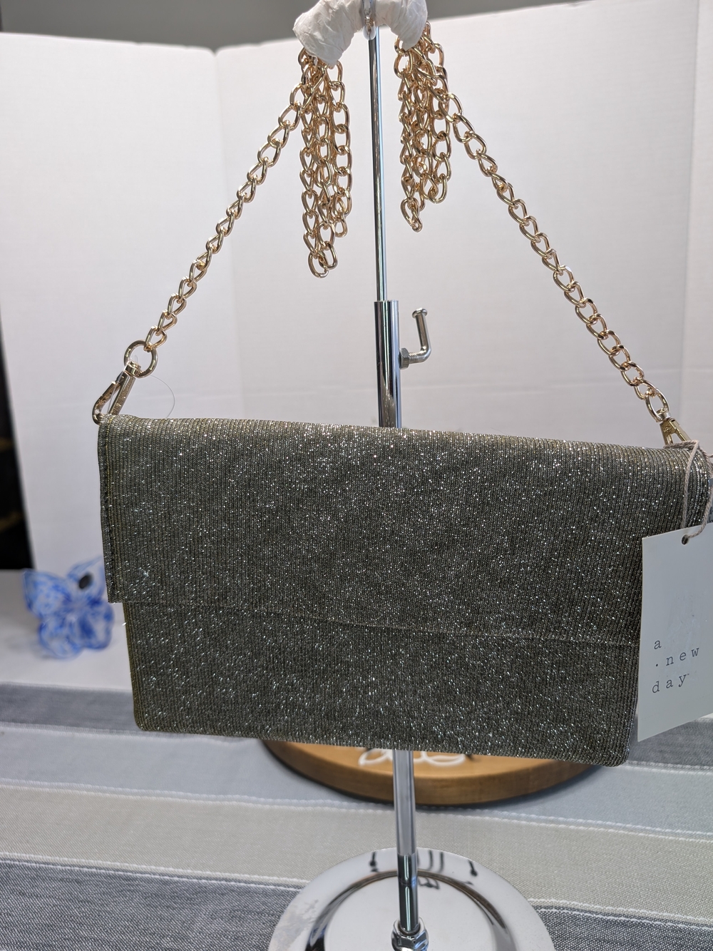 a new day Metallic Olive Glitter Foldover Chain Clutch